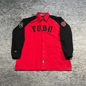 Vintage Fubu Varsity Collection Button Up Long Sleeve Shirt XL Red Black Y2K